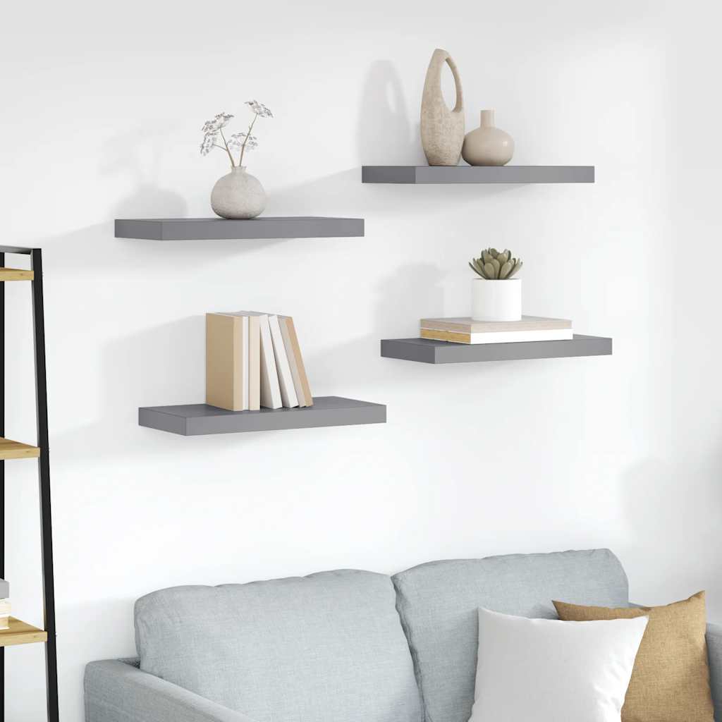 Pakabinamos sieninės lentynos, 4vnt., pilkos, 50x23,5x3,8cm, MDF
