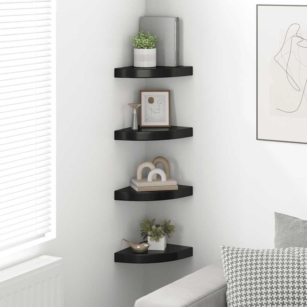Pakabinamos kampinės lentynos, 4vnt., juodos, 25x25x3,8cm, MDF