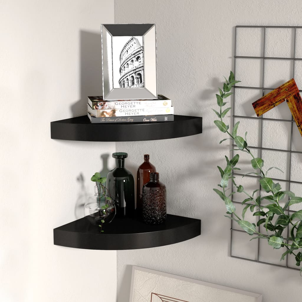 Piekārtoti stūra plaukti, 2 gab., melni, 25x25x3,8 cm, MDF