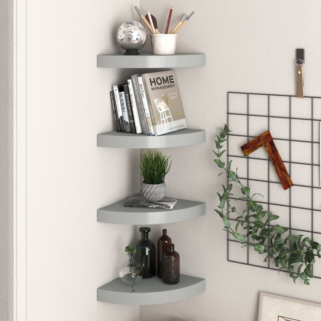 Wall-mounted corner shelves, 4 pcs, grey, 25x25x3.8cm, MDF
