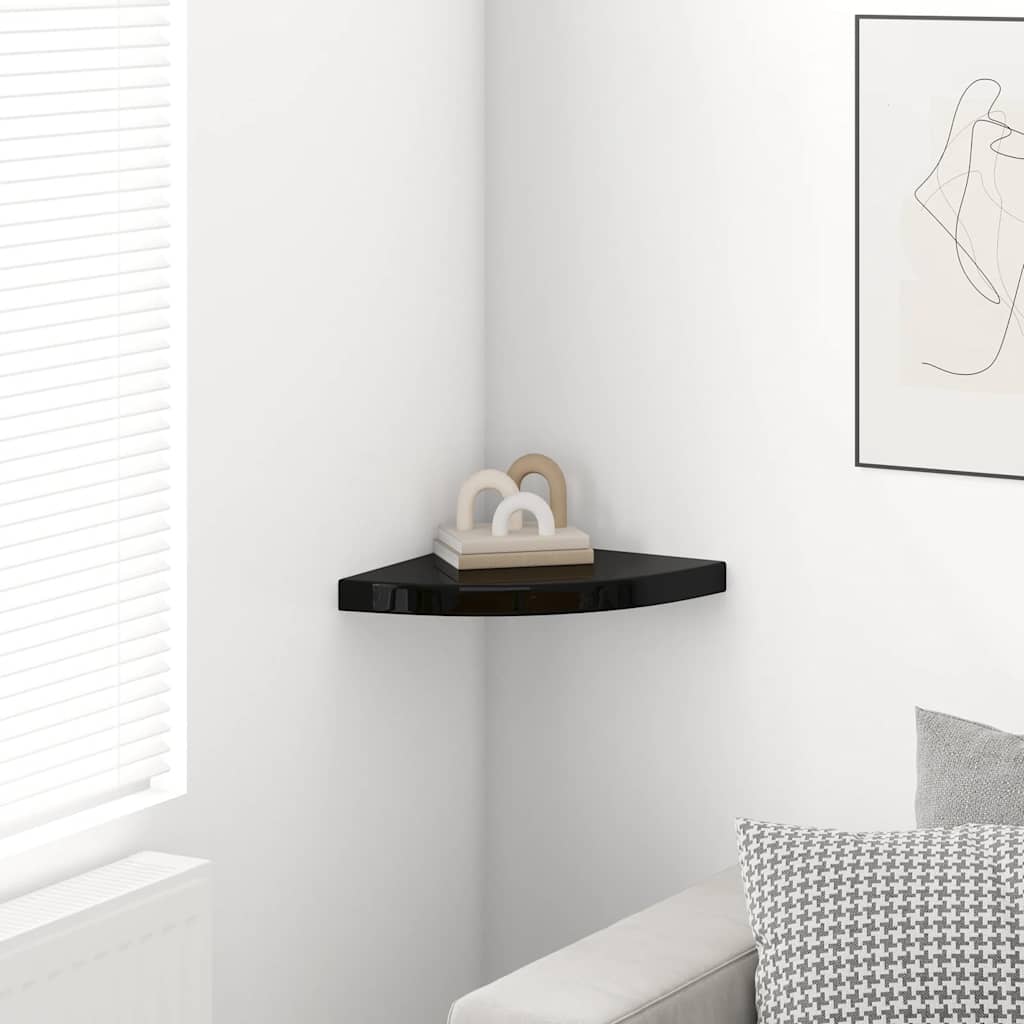 Wall-mounted corner shelf, black, 35x35x3.8cm, MDF, glossy