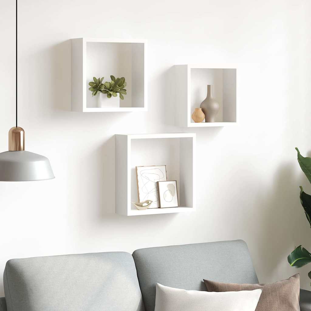 Sieninės lentynos, 3vnt., baltos spalvos, MDF, kubo formos