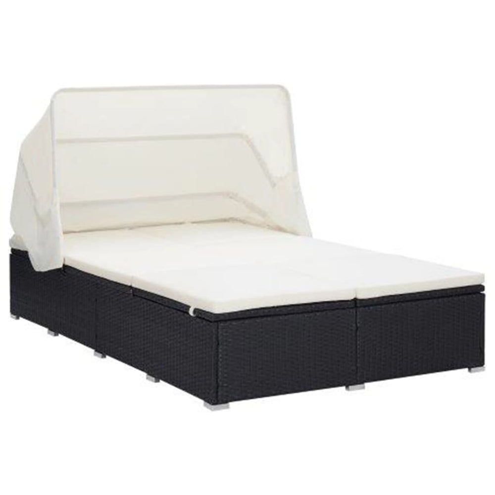 Double sun lounger with cushion, black, poly rattan