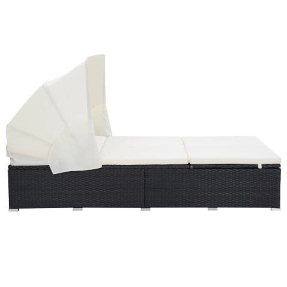 Double sun lounger with cushion, black, poly rattan