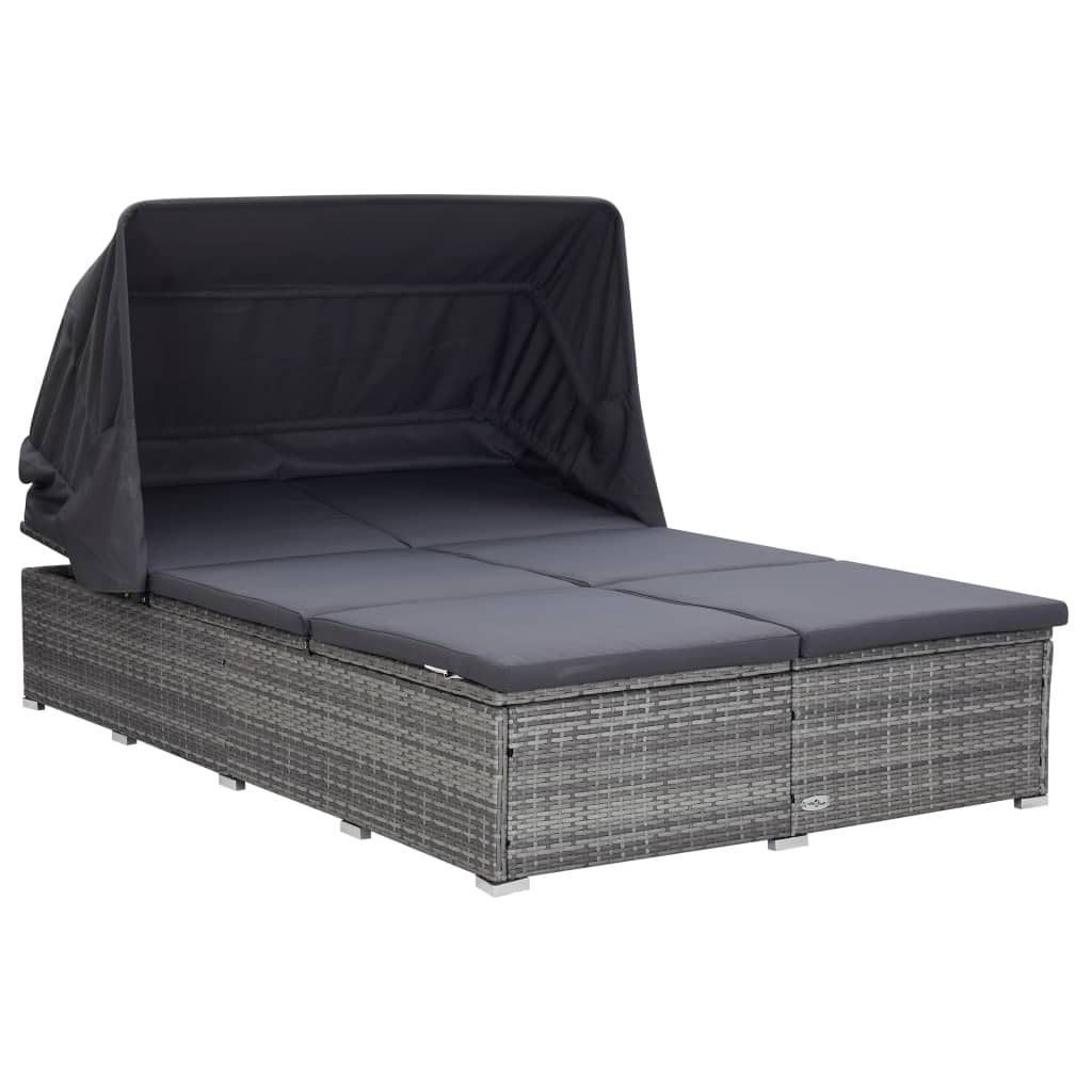 Double sun lounger with mattress, grey, poly rattan