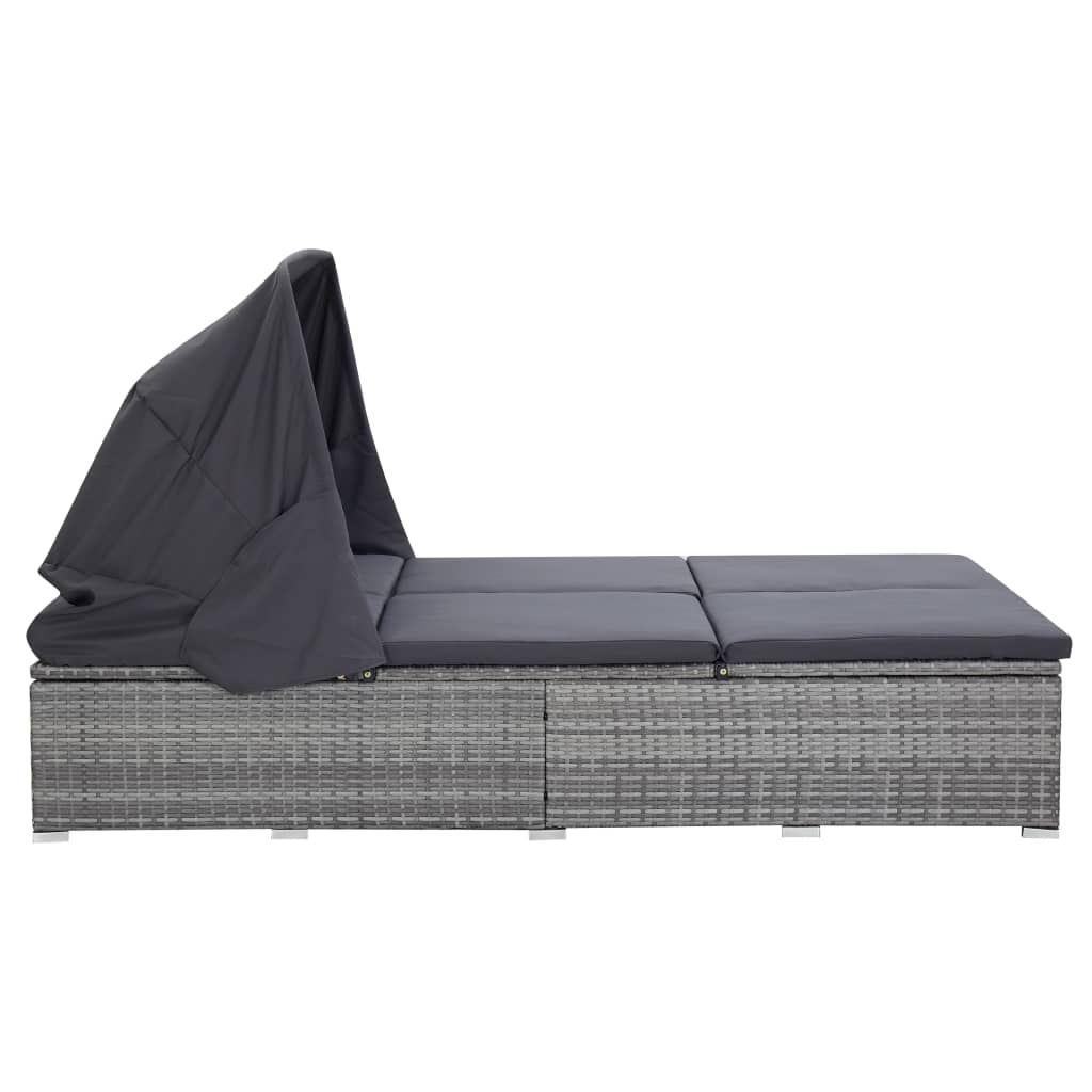 Double sun lounger with mattress, grey, poly rattan