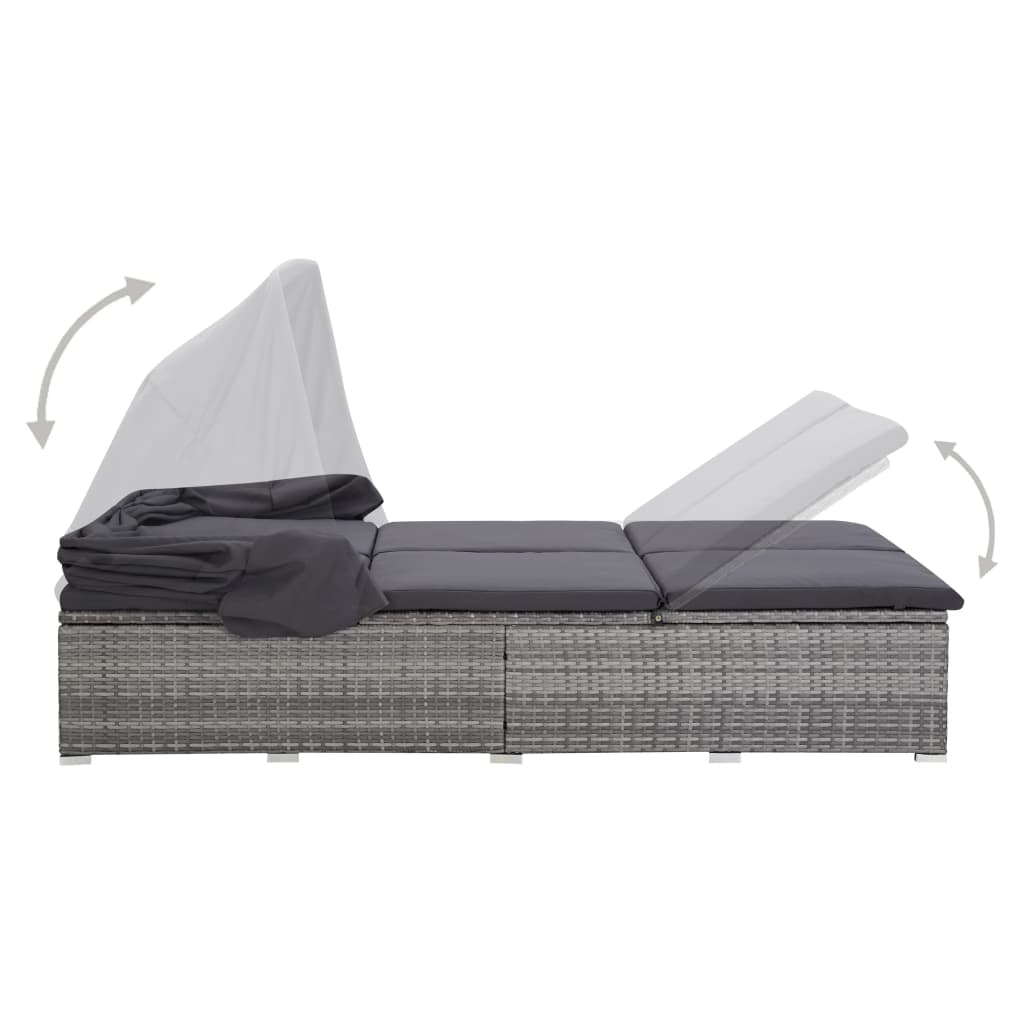 Double sun lounger with mattress, grey, poly rattan