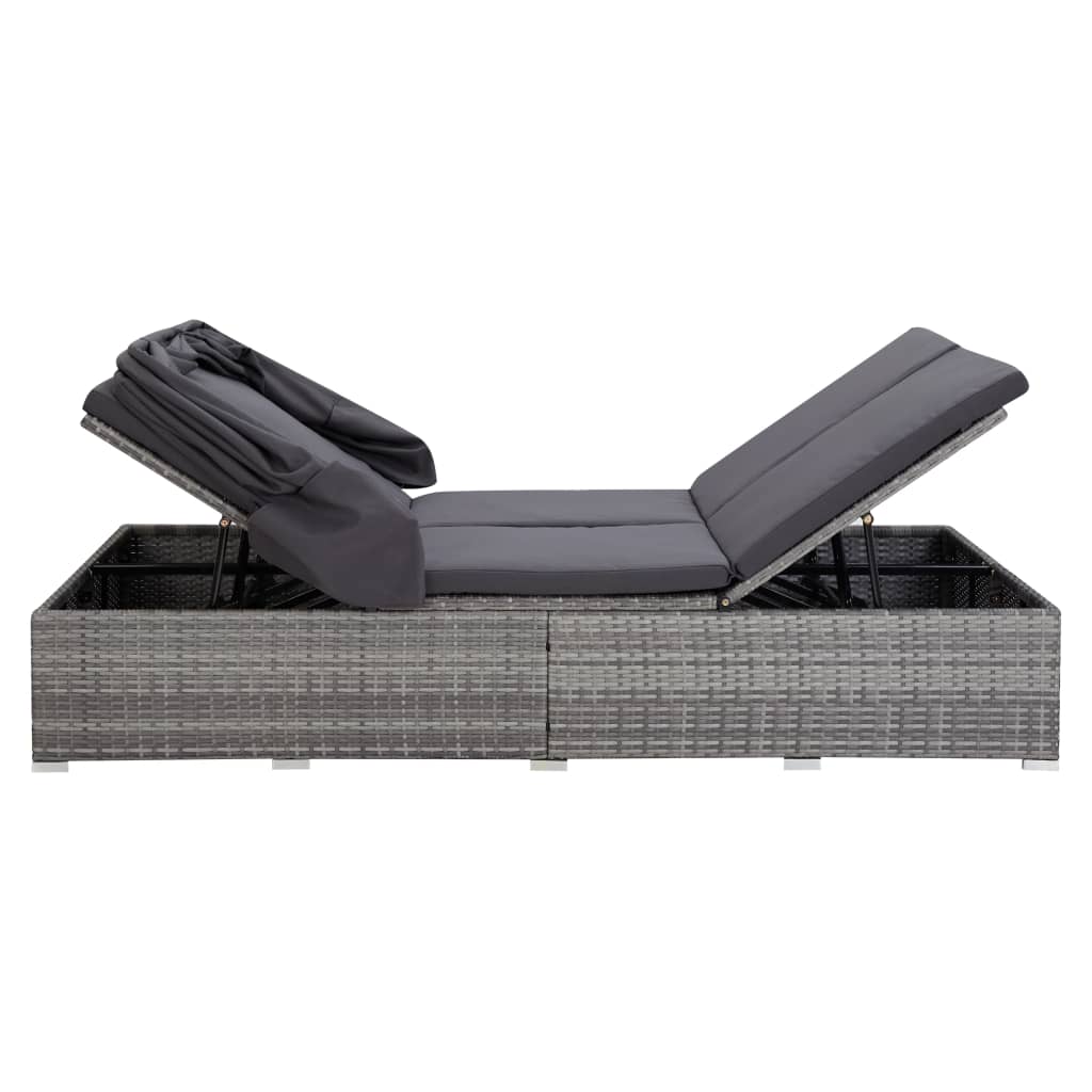 Double sun lounger with mattress, grey, poly rattan