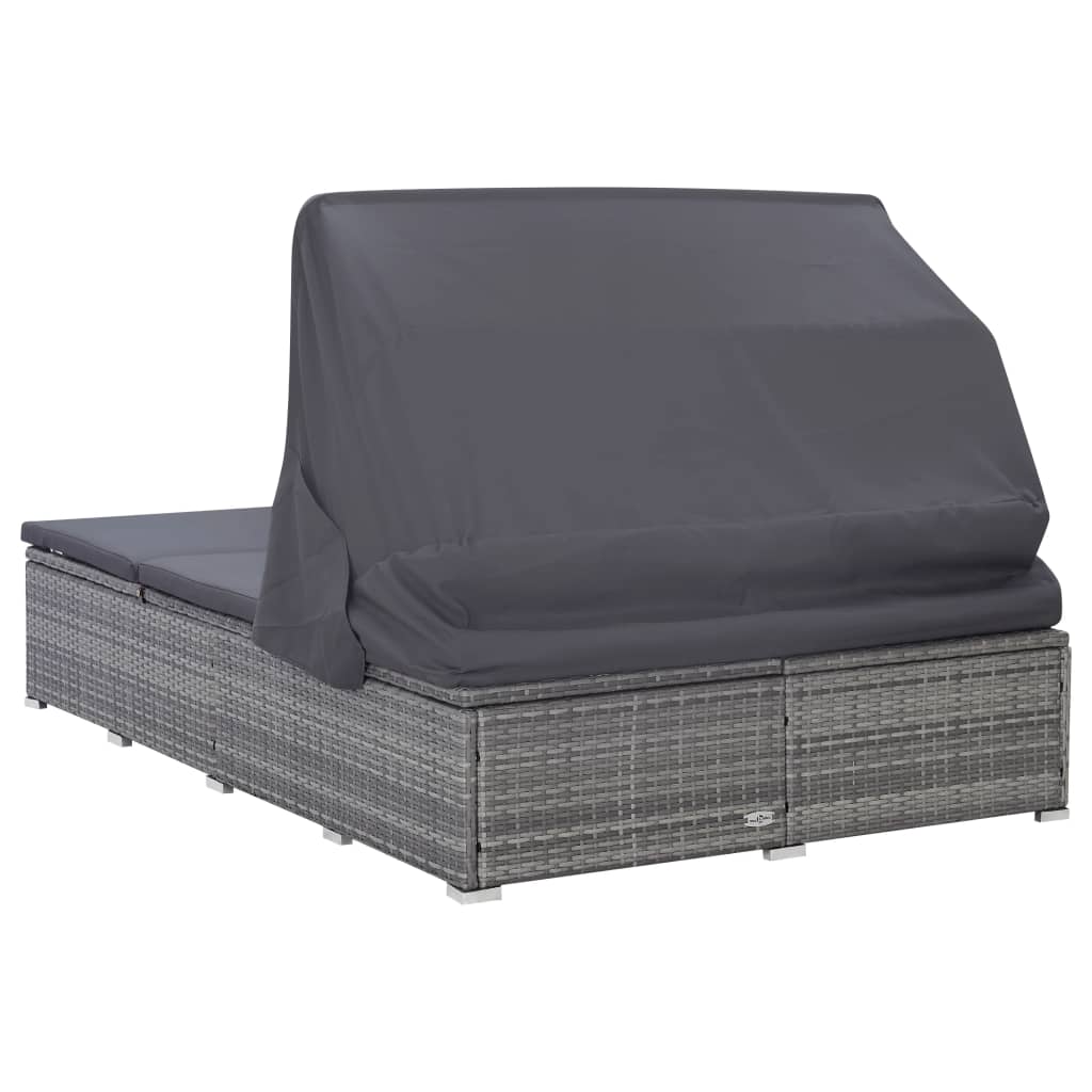 Double sun lounger with mattress, grey, poly rattan