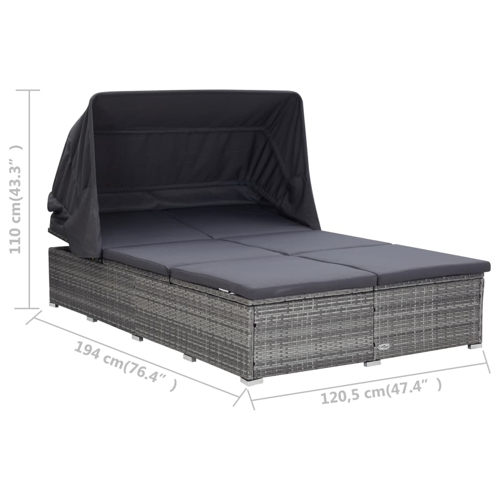 Double sun lounger with mattress, grey, poly rattan