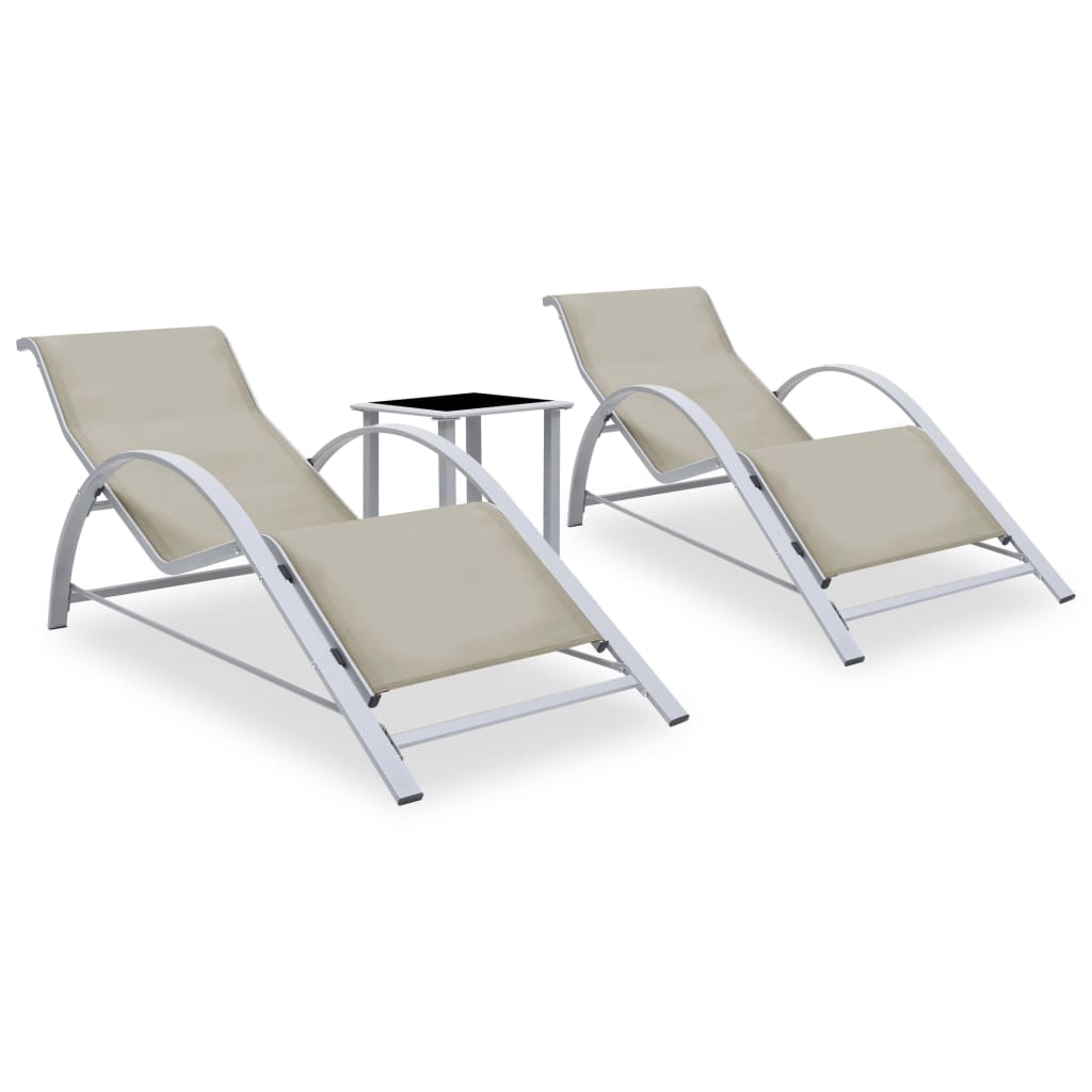 Sun loungers with table, 2 pcs., cream, aluminium