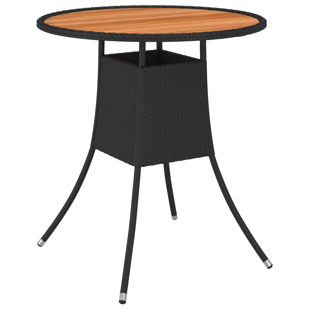 Garden table, black, 70cm diameter, polyrattan and acacia
