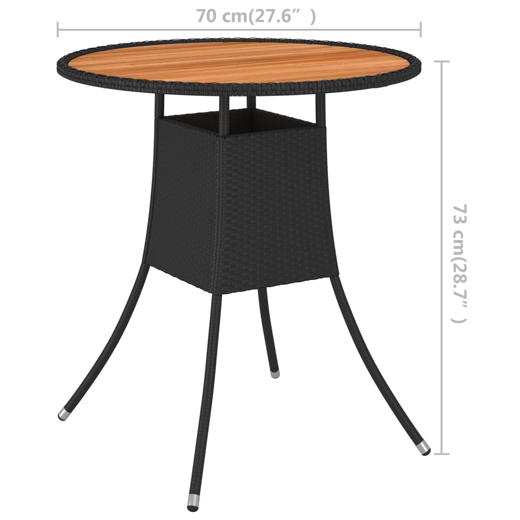 Garden table, black, 70cm diameter, polyrattan and acacia