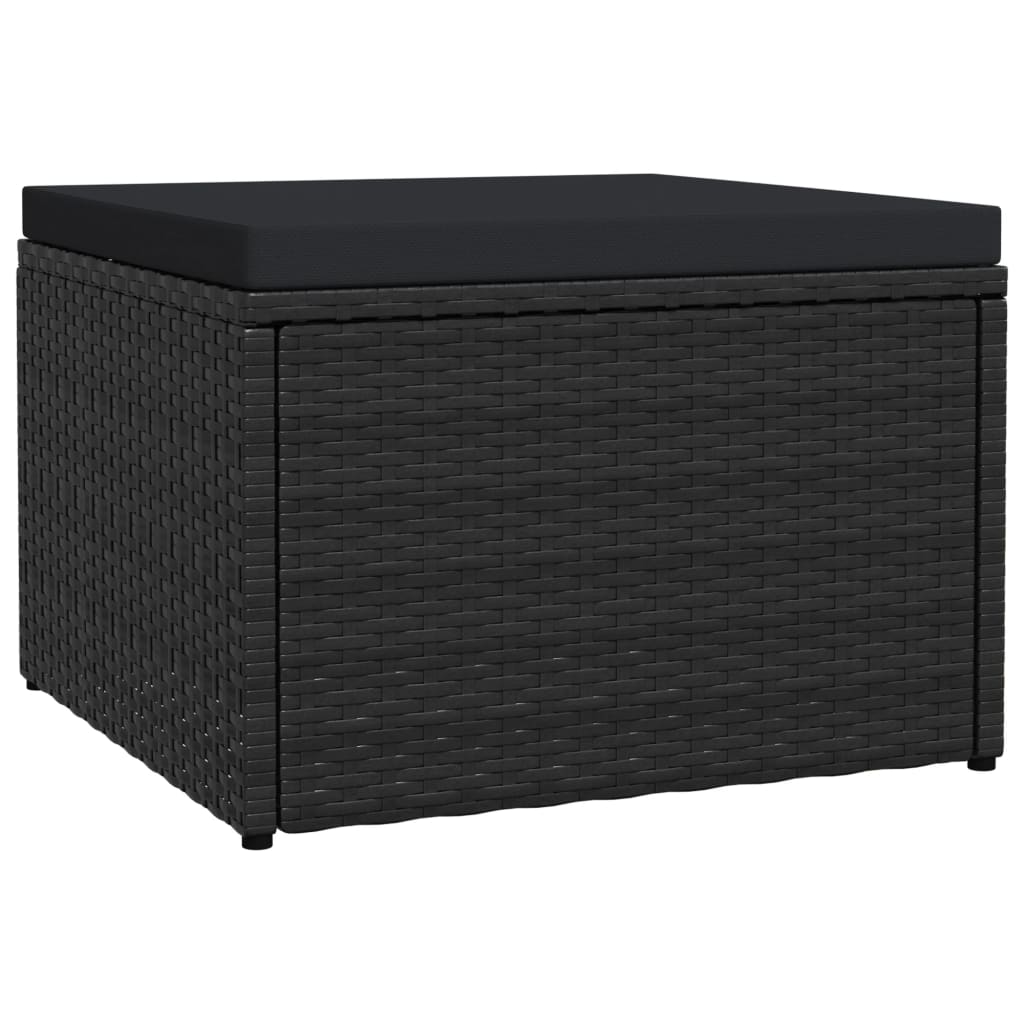 Garden footrest with cushion, black, poly rattan