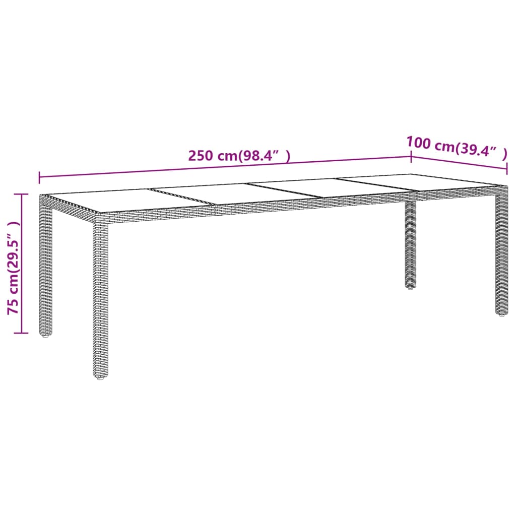 Garden table with glass top, brown, polyrattan