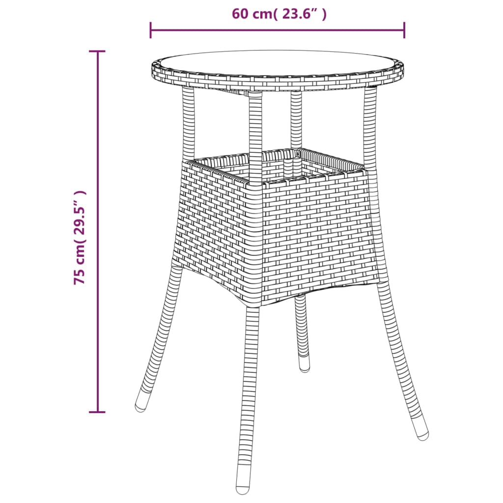 Garden table, black, 60x75cm, tempered glass/poly rattan