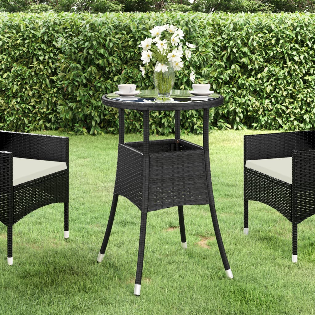 Garden table, black, 60x75cm, tempered glass/poly rattan