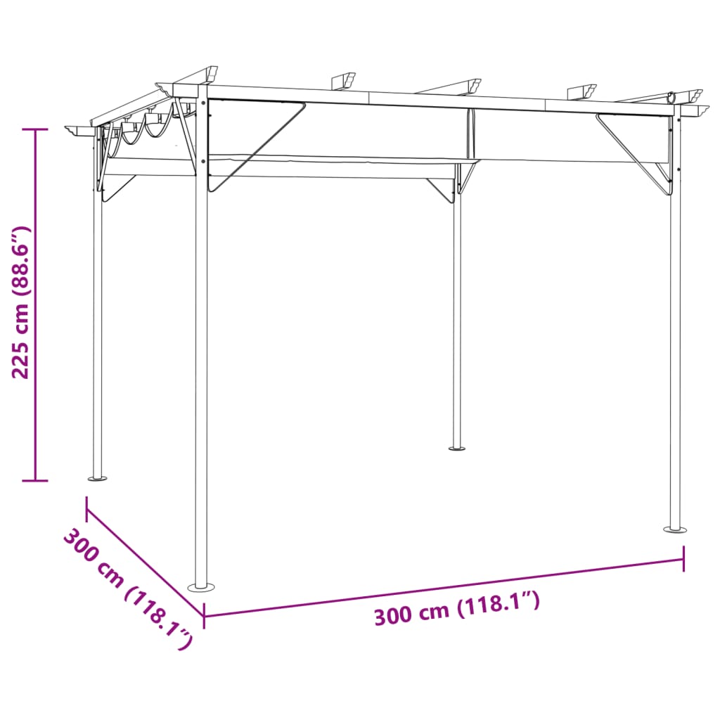 Pergola with retractable roof, taupe, 3x3m, steel