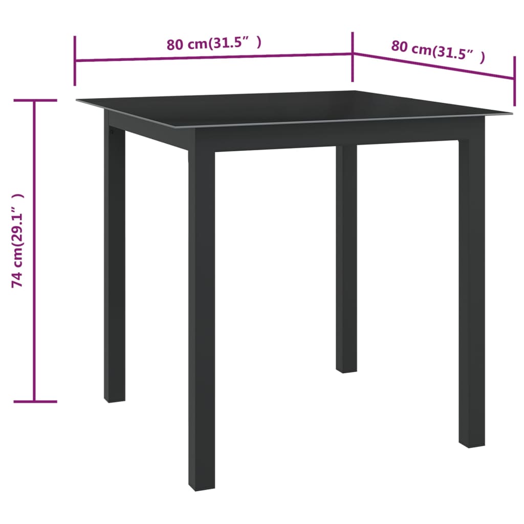 Garden table, black, 80x80x74cm, aluminium and glass