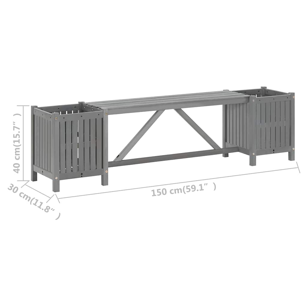 Garden bench with 2 planters, grey, 150cm, solid acacia wood