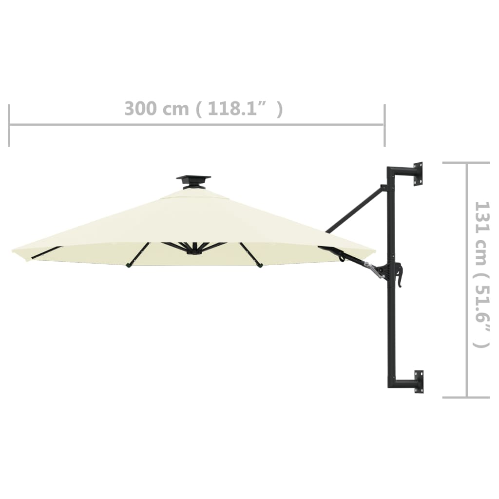 Wall-mounted garden parasol with LED, sand, 300cm