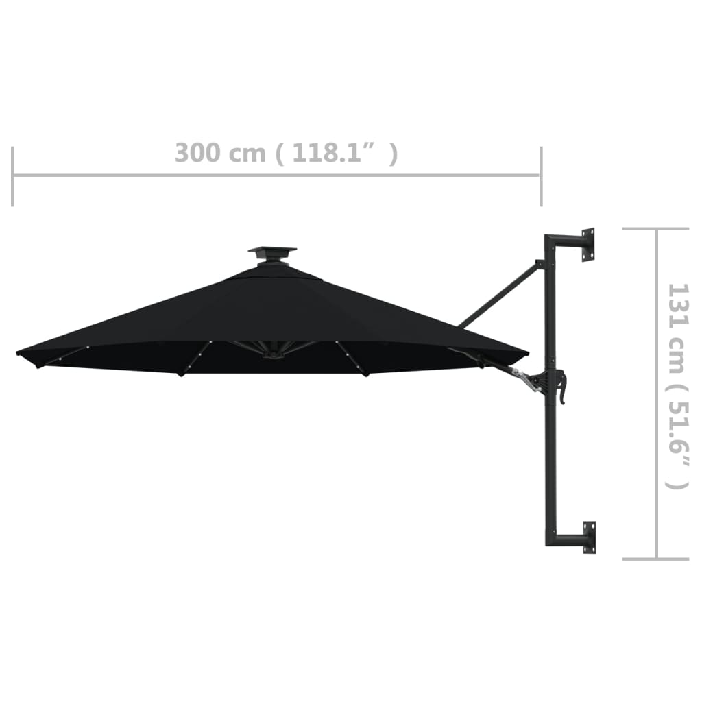 Prie sienos montuojamas sodo skėtis su LED, juodas, 300cm