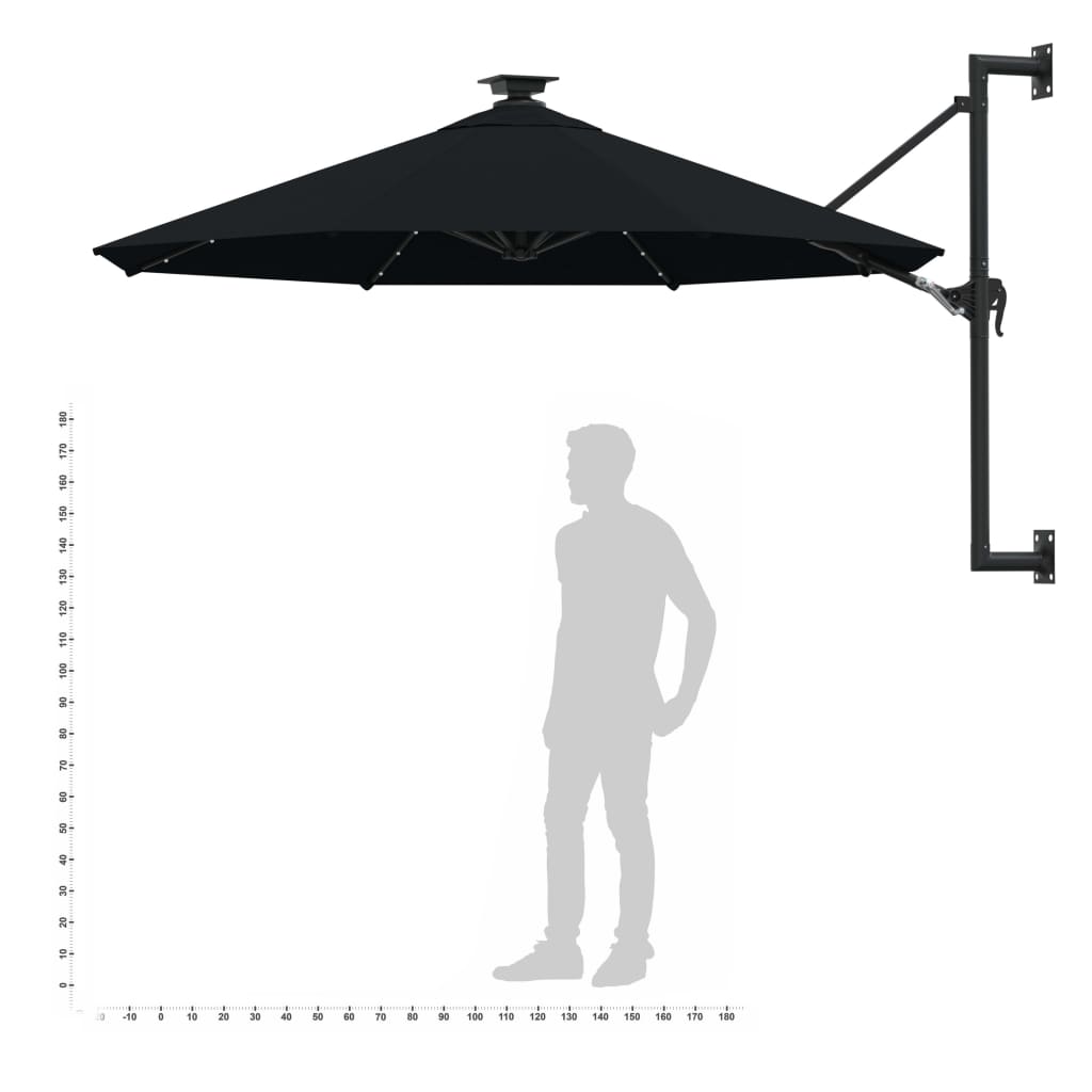 Prie sienos montuojamas sodo skėtis su LED, juodas, 300cm