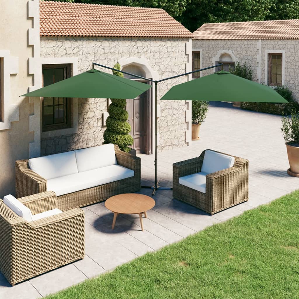 Double garden parasol with steel pole, green, 600x300cm