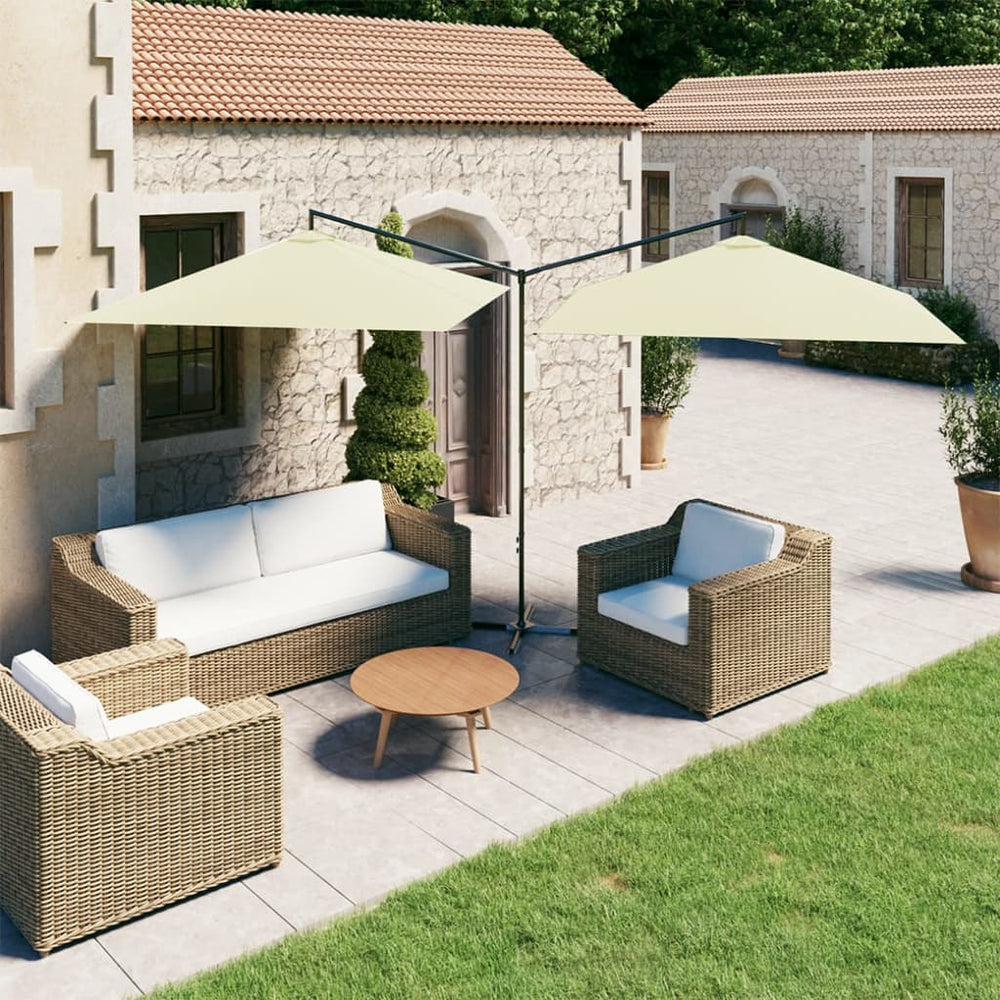 Double garden parasol with steel pole, sand, 600x300cm