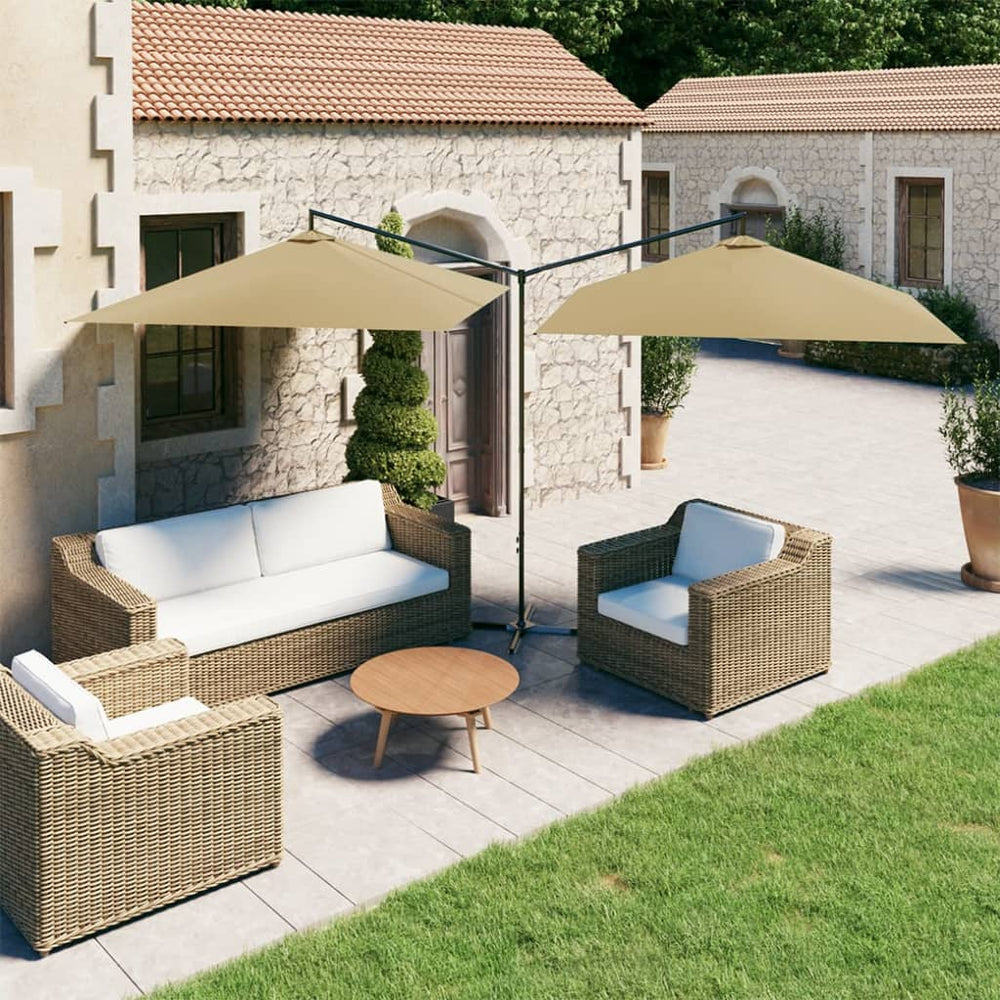 Double garden parasol with steel pole, taupe, 600x300cm