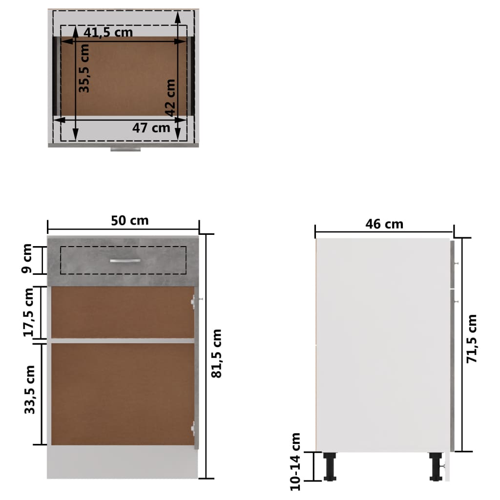 Base cabinet with a drawer, "Lyon", concrete, 50x46x81.5cm