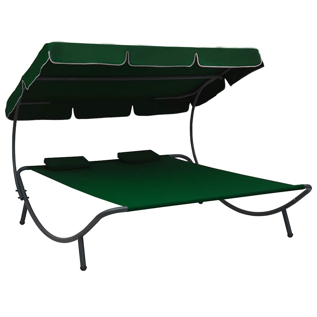 Outdoor reclining sun lounger with canopy and pillows, green