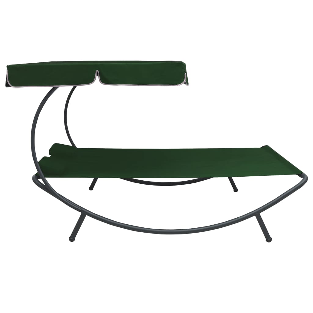 Outdoor reclining sun lounger with canopy and pillows, green