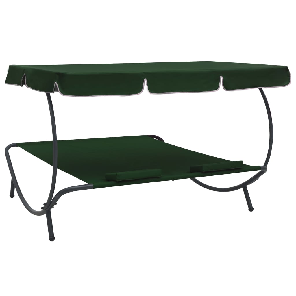 Outdoor reclining sun lounger with canopy and pillows, green