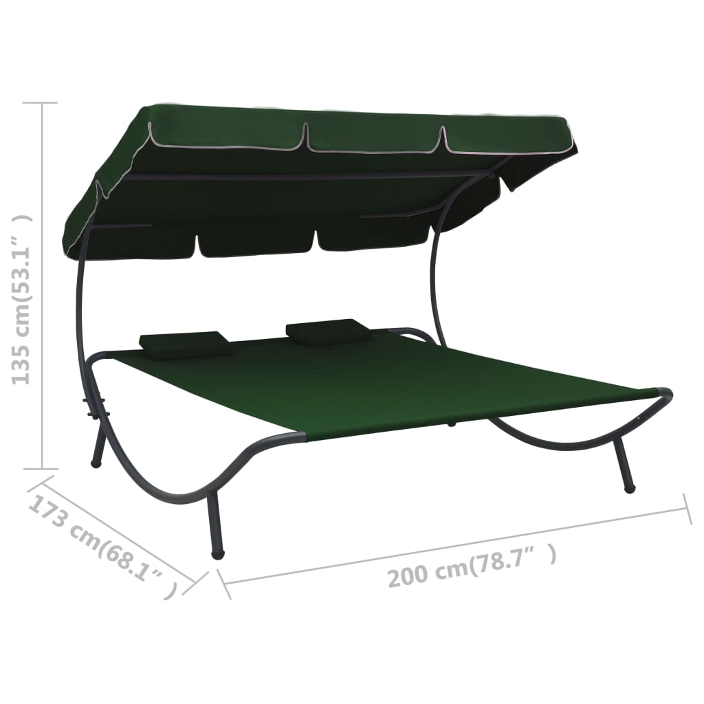 Outdoor reclining sun lounger with canopy and pillows, green