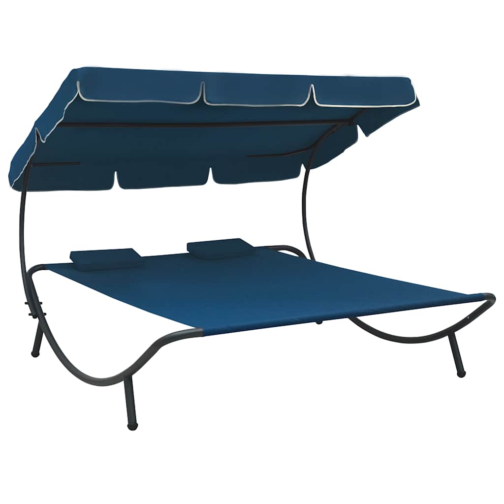 Outdoor lounge bed with canopy and pillows, blue