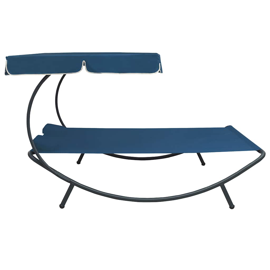 Outdoor lounge bed with canopy and pillows, blue