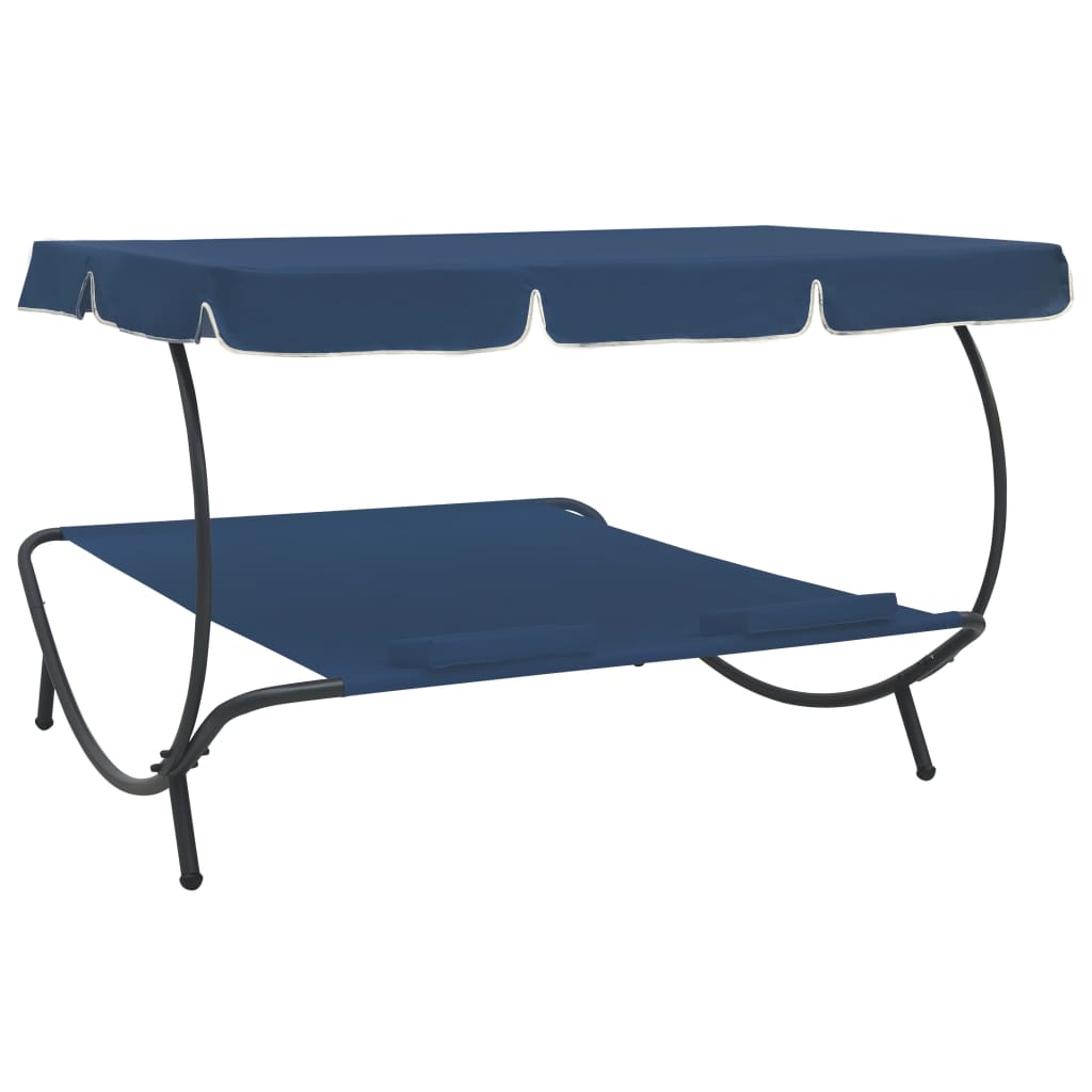 Outdoor lounge bed with canopy and pillows, blue