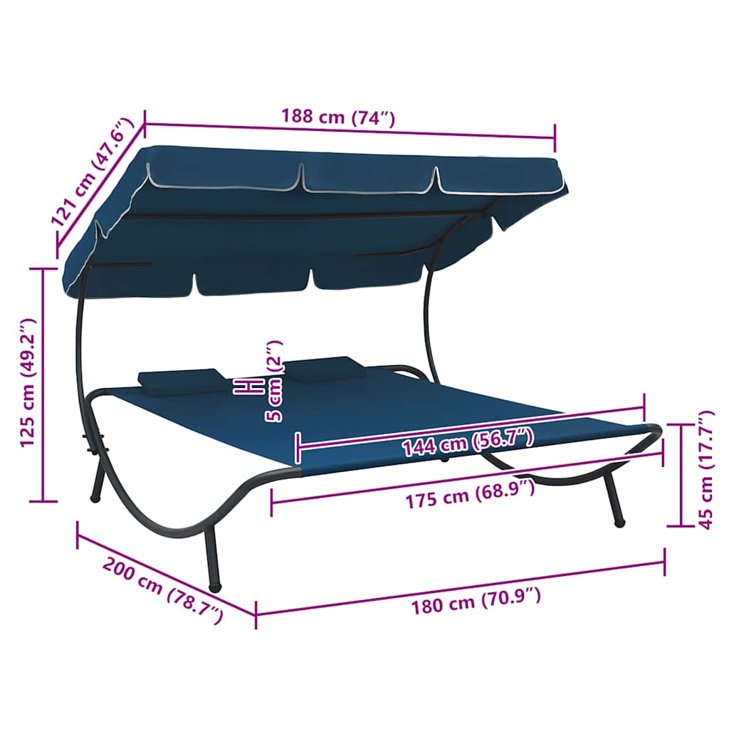 Outdoor lounge bed with canopy and pillows, blue