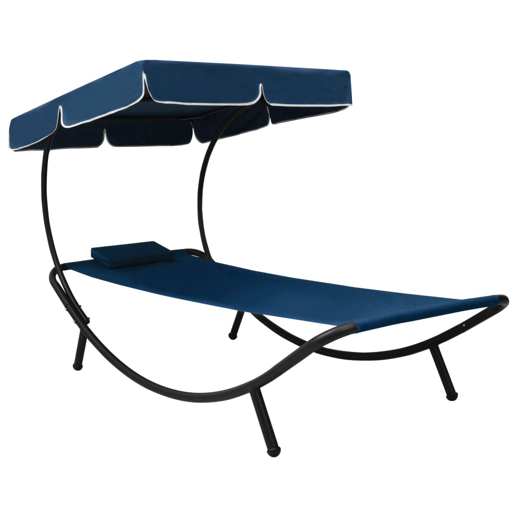 Outdoor lounge bed with canopy and pillow, blue