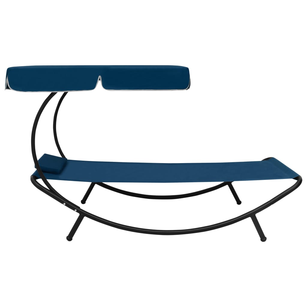 Outdoor lounge bed with canopy and pillow, blue