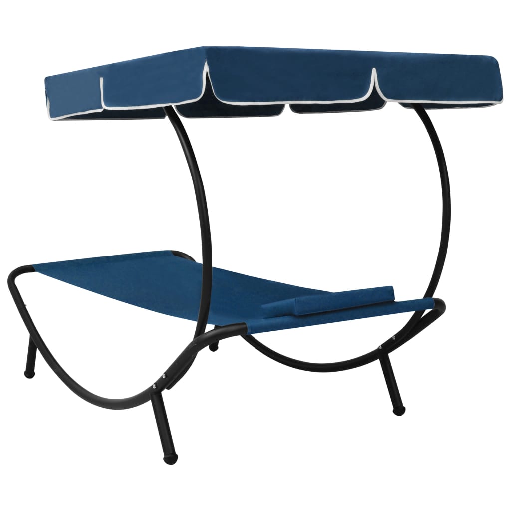 Outdoor lounge bed with canopy and pillow, blue
