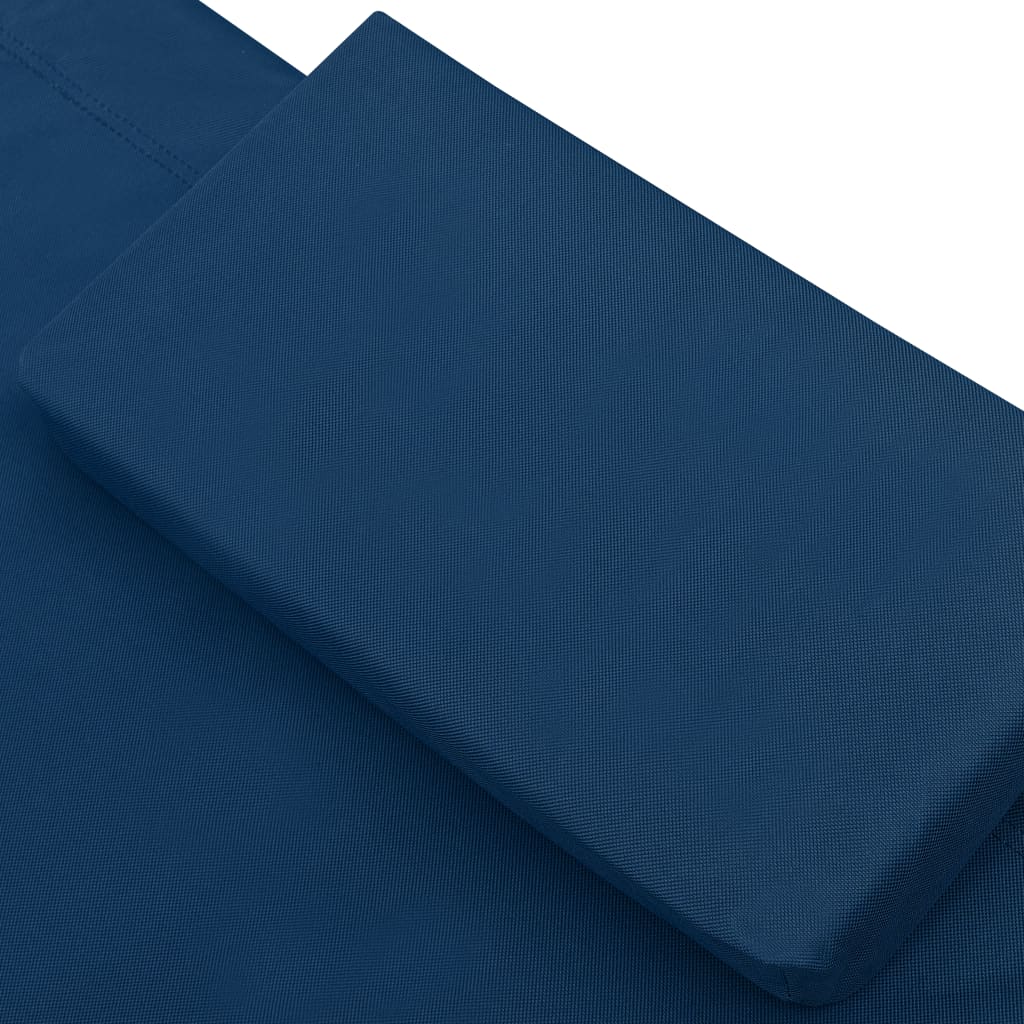 Outdoor lounge bed with canopy and pillow, blue