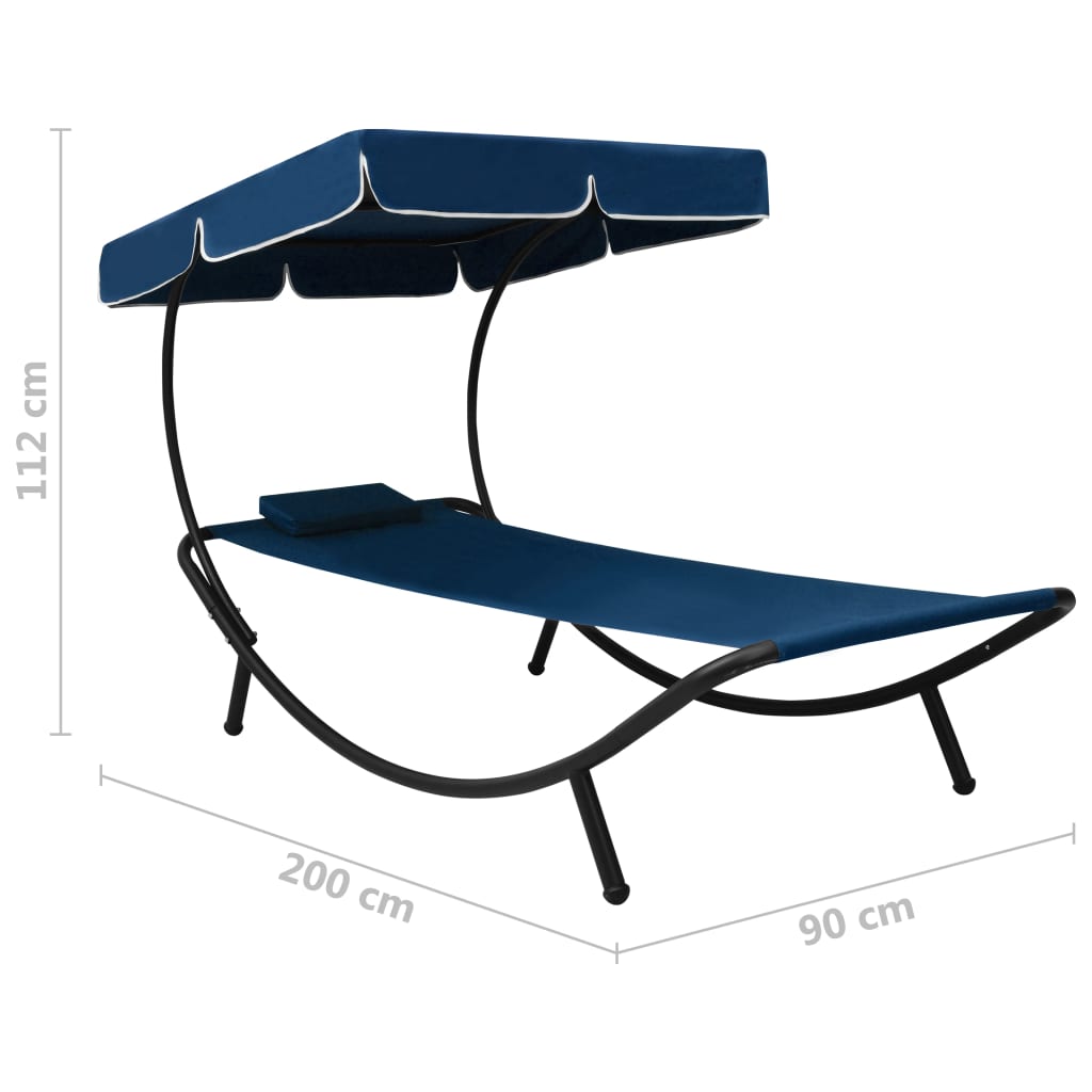 Outdoor lounge bed with canopy and pillow, blue