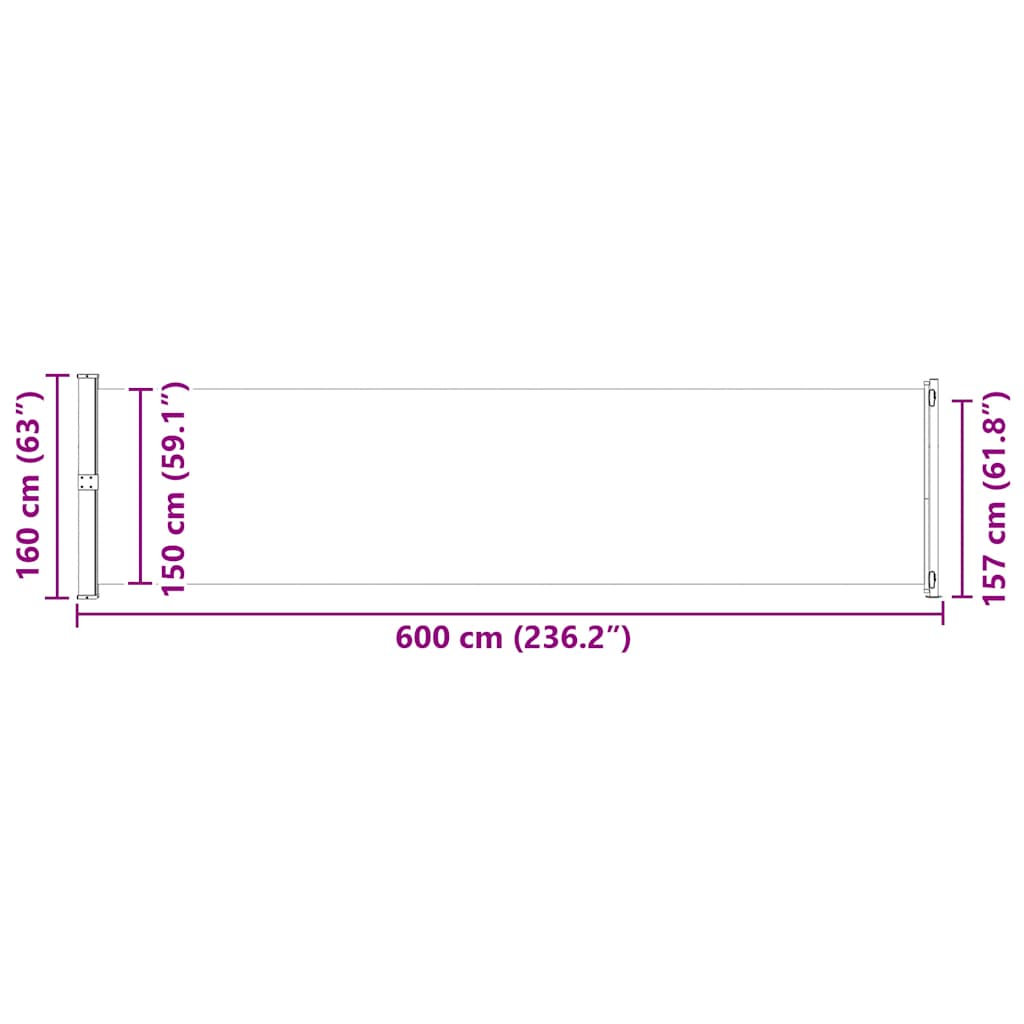 Retractable side patio awning, black, 600x160cm