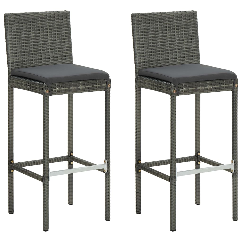 Garden Bar Stools with Cushions, 2 pcs., Grey, Poly Rattan