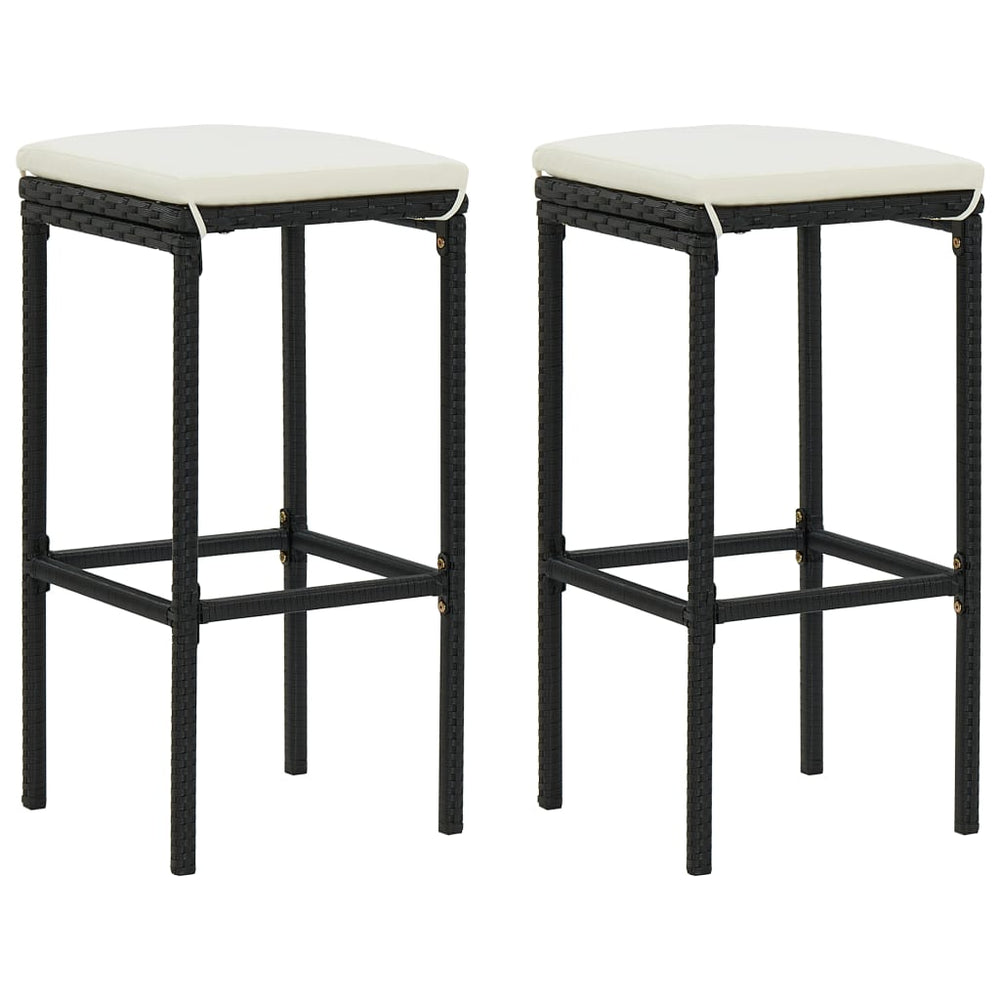 Bar stools with cushions, 2 pcs., black, poly rattan