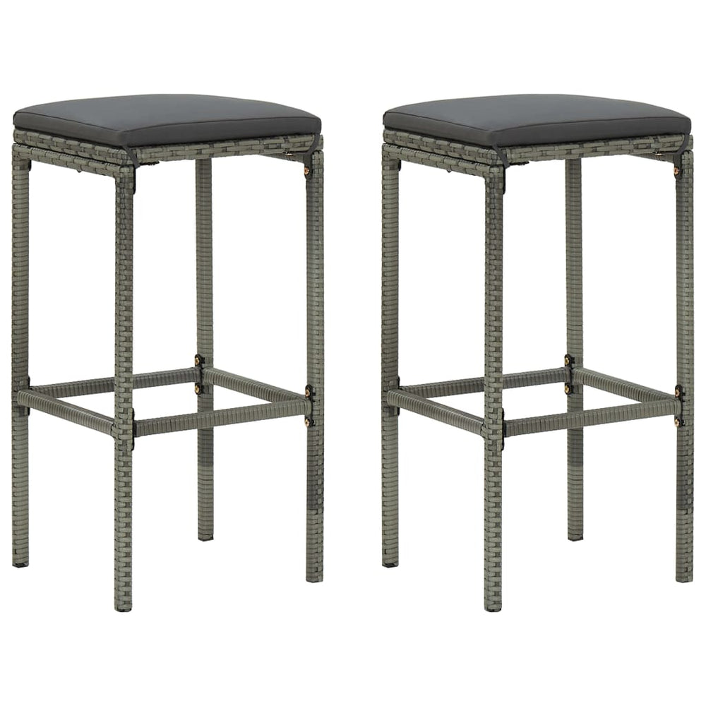 Bar stools with cushions, 2 pcs., grey, poly rattan