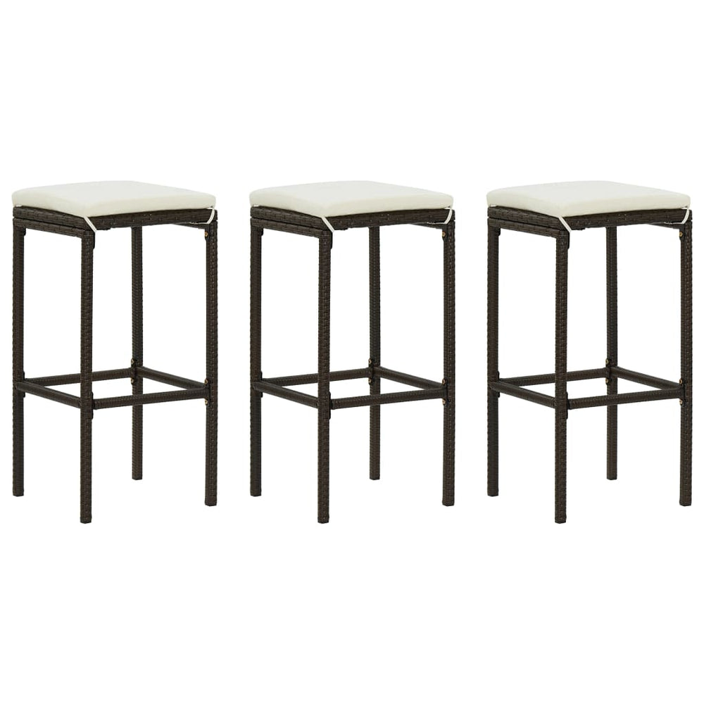 Bar stools with cushions, 3 pcs, brown, poly rattan