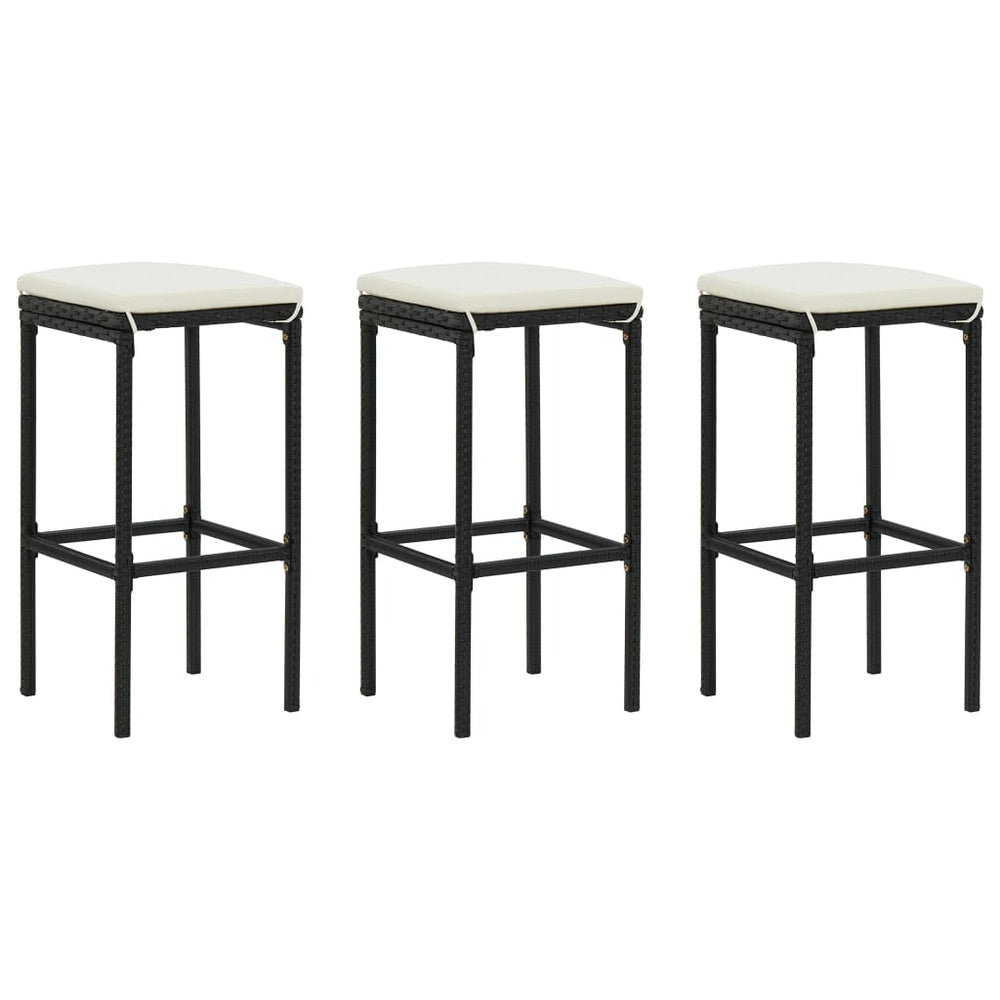 Bar stools with cushions, 3 pcs., black, poly rattan